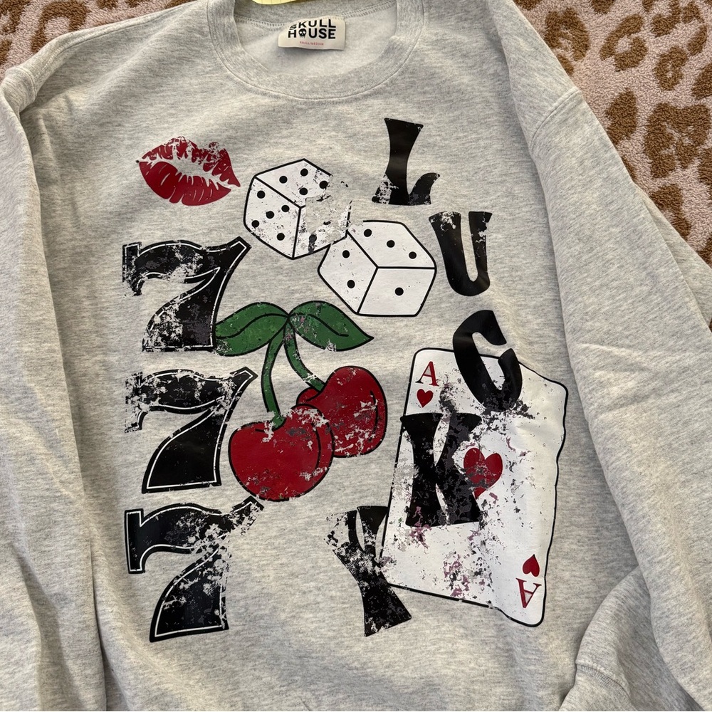 SKULLHOUSE DESIGNS FOR Grey Graphic Sweatshirt with Red Cherry & Dice Print